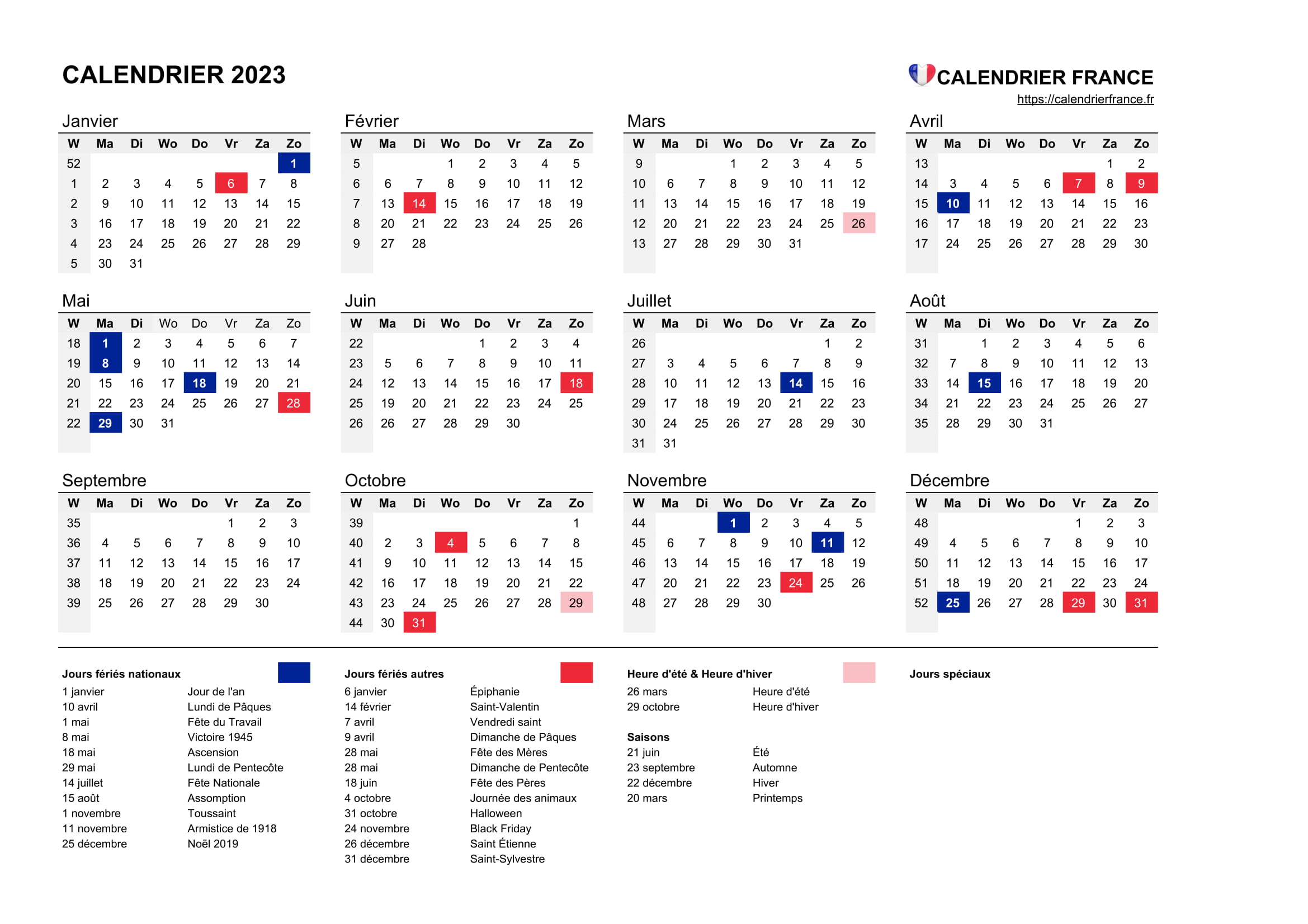 Calendrier 2023 avec jours fériés en France et numéro des semaines